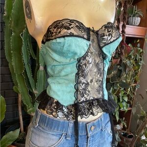 Vintage Nylon Robins Egg Blue Lace Corset Bustier Size Large